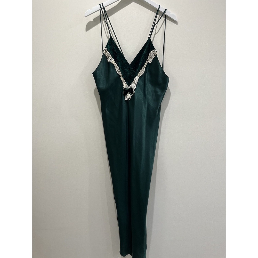 Vtg Intimate‎ Concepts Satin Slip Dress Women's Sz L Lace Green Whimsigoth Fairy